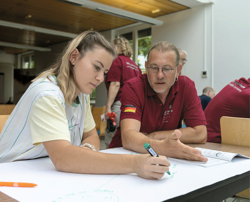 Bundestrainer Matthias List im intensiven Austausch mit seiner Teilnehmerin, Malerin Anna Hüllner.
