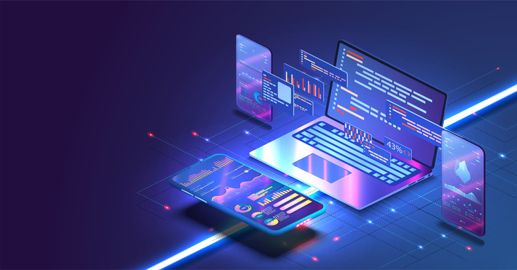 Digitale Abbildung eines Laptops und Smartphones mit Diagrammen und Code, umgeben von holografischen Bildschirmen. - © ZinetroN - stock.adobe.com