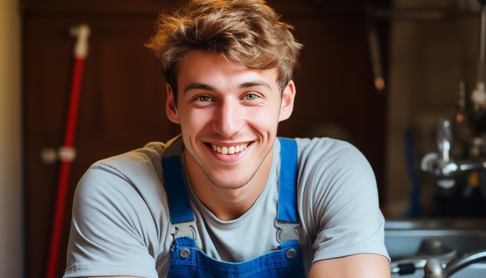 Lächelnder Mann mit braunem Haar, trägt einen blauen Overall und ein graues Hemd und steht im Innenbereich vor einem unscharfen Hintergrund. - © stockmotion - stock.adobe.com