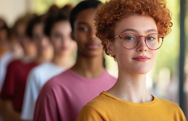 Person mit lockigem Haar und Brille im Fokus, in einer Reihe stehend, andere im Hintergrund unscharf. - © Pornsurang - stock.adobe.com