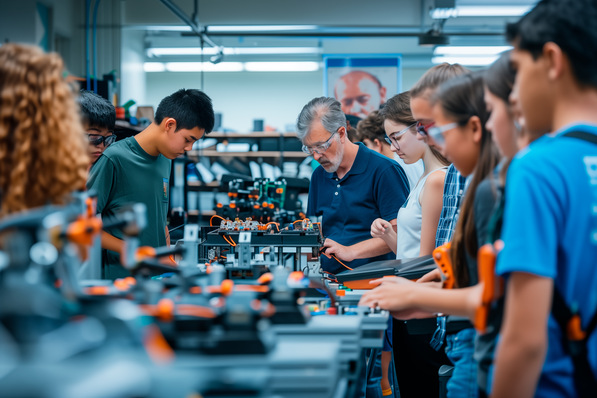 Eine Gruppe von Schülern und ein Lehrer arbeiten in einem mit Geräten vollgestopften Klassenzimmer an einem Robotikprojekt. - ©  Ivan Guia - stock.adobe.com