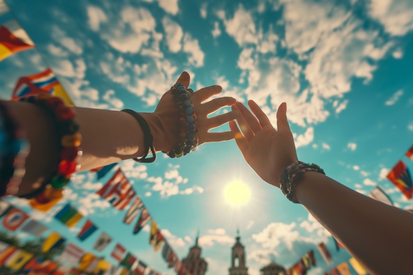 Hände strecken sich in den strahlend sonnigen Himmel, geschmückt mit Armbändern, bunten Flaggen und einer Kirche im Hintergrund. - © Galina Perevozova - stock.adobe.com