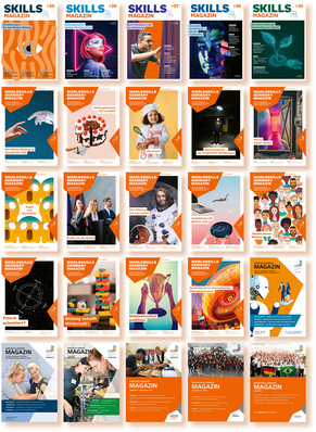 Eine Collage aus verschiedenen „Skills Magazine“-Covern mit Menschen, Technologie und kreativen Kunstwerken.
