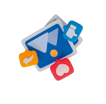 3D-Symbole eines blauen Fotos, einer gelben Antwort, eines blauen Daumens hoch und eines roten Herzsymbols auf weißem Hintergrund. - © Bild: Adobe Stock - peerapong