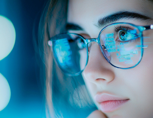 Nahaufnahme einer Person mit nachdenklichem Gesichtsausdruck, die eine reflektierende Brille trägt und digitale Informationen anzeigt. - © Bild: AdobeStock