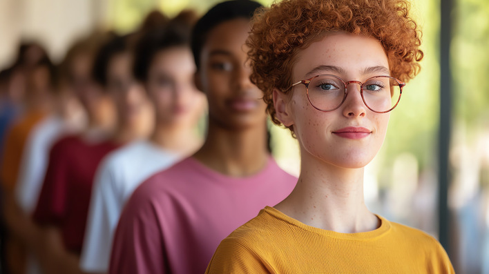 Person mit lockigem Haar und Brille im Fokus, andere in der Schlange sind im Hintergrund unscharf. - © Pornsurang - stock.adobe.com