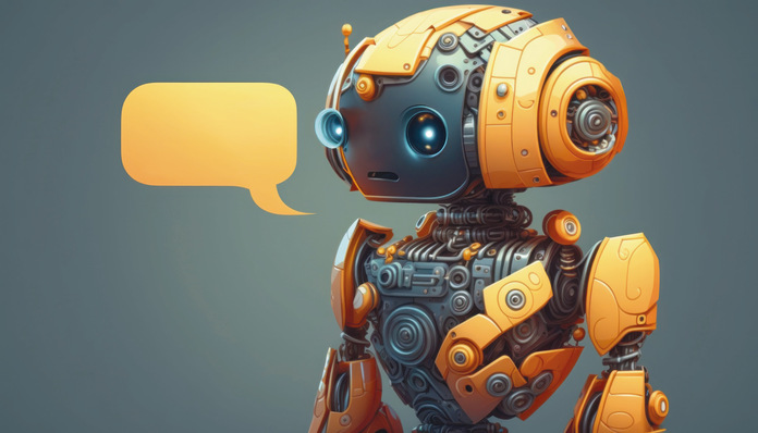 Ein kleiner orangefarbener Roboter mit blauen Augen steht neben einer gelben Sprechblase auf grauem Hintergrund. - © (Quelle: Ms_Tali — stock.adobe.com)