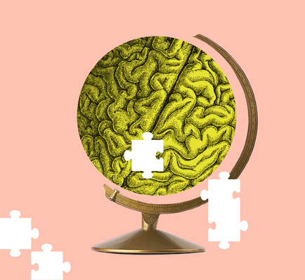 Ein Globus mit einer Gehirntextur und fehlenden Puzzleteilen auf einem rosa Hintergrund.